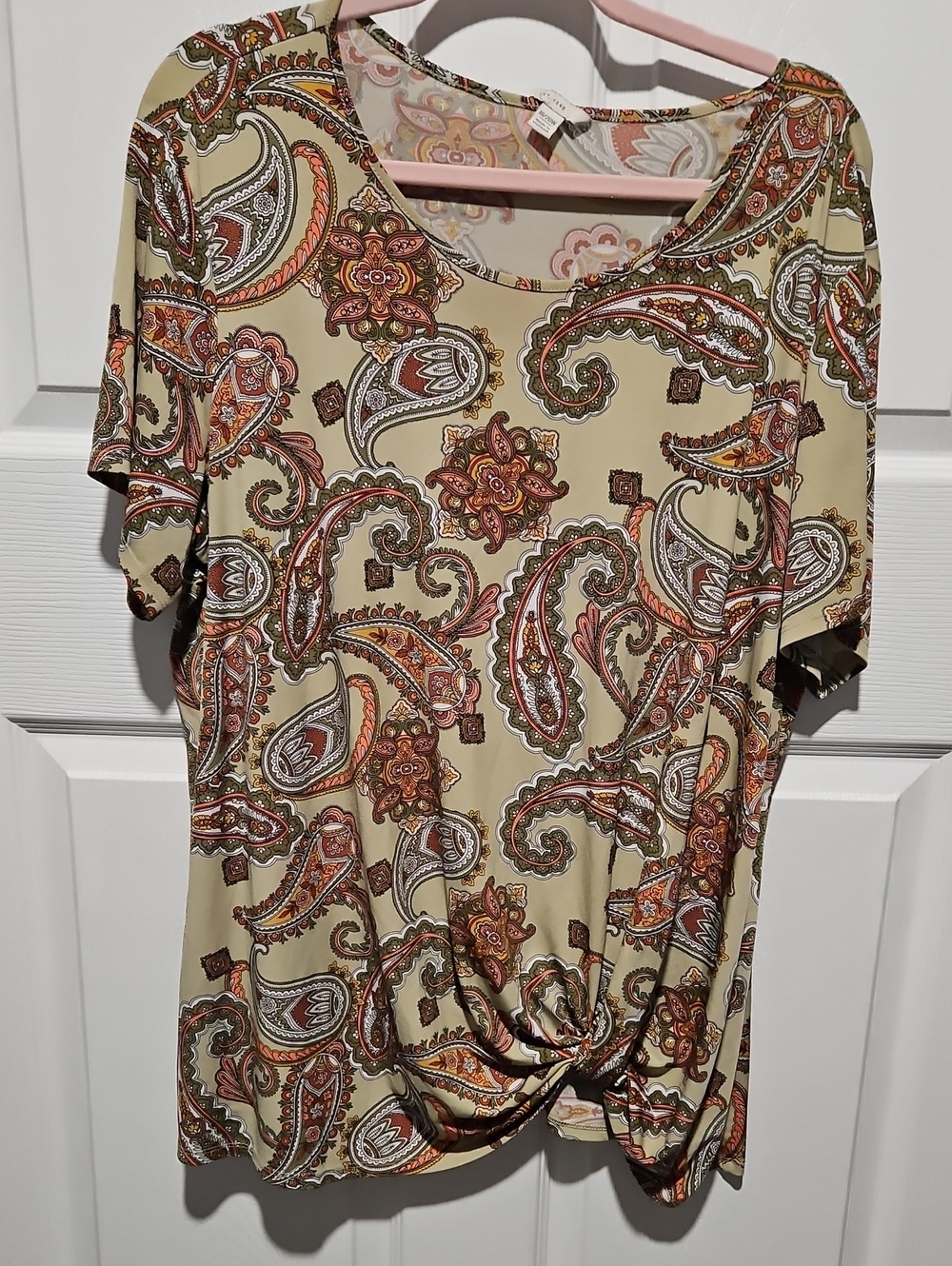Cato Paisley Knot-Front Short Sleeve Top in Beige, Rust, Olive